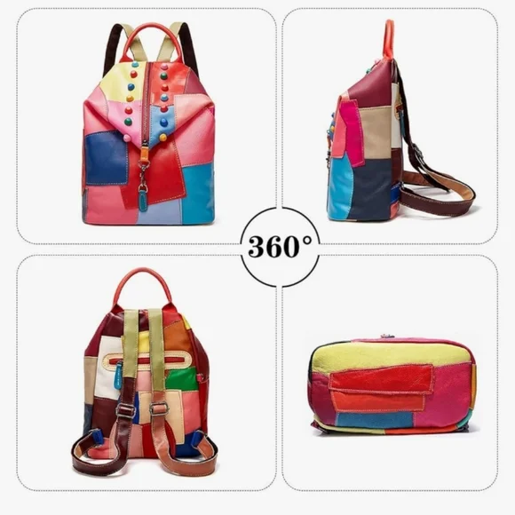 Boho Multicolor Patchwork Leather Backpack | Colorful Festival Cottagecore Y2K - Picture 3 of 16